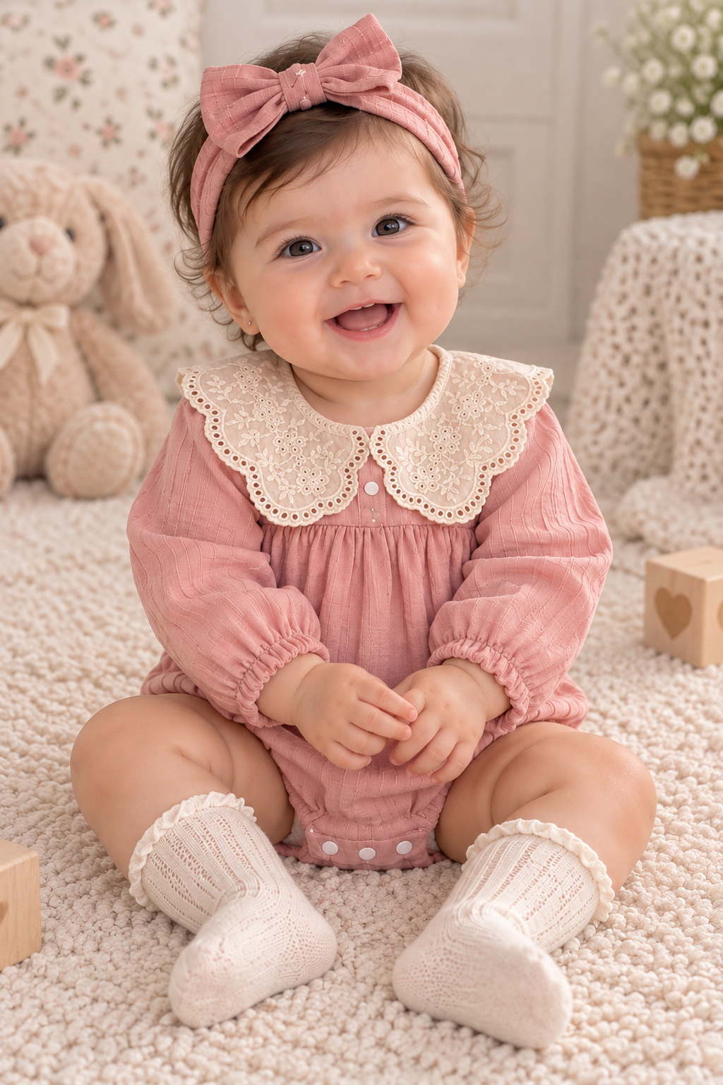 Pink Baby Romper with White Scalloped Collar