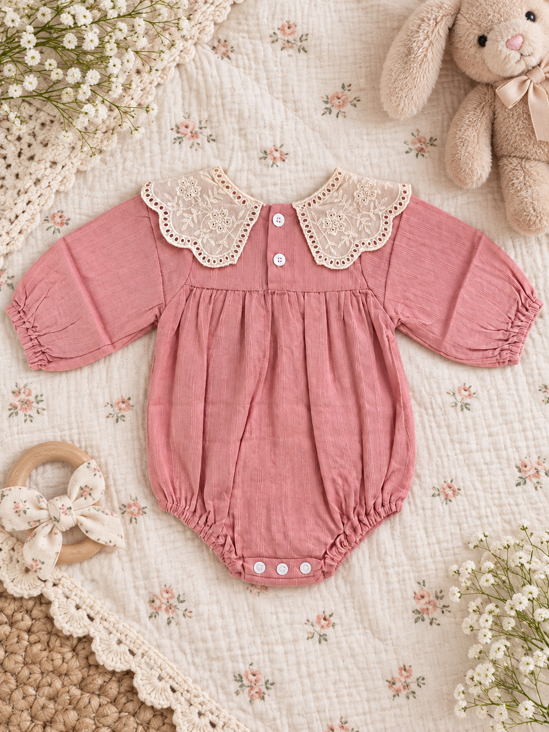Pink Baby Romper with White Scalloped Collar