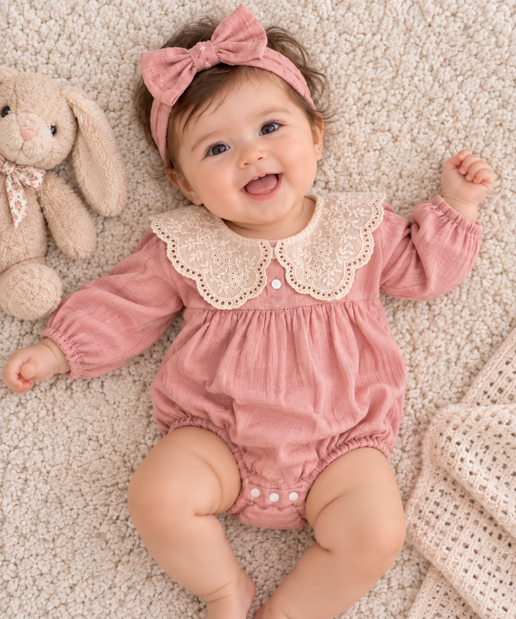 Pink Baby Romper with White Scalloped Collar
