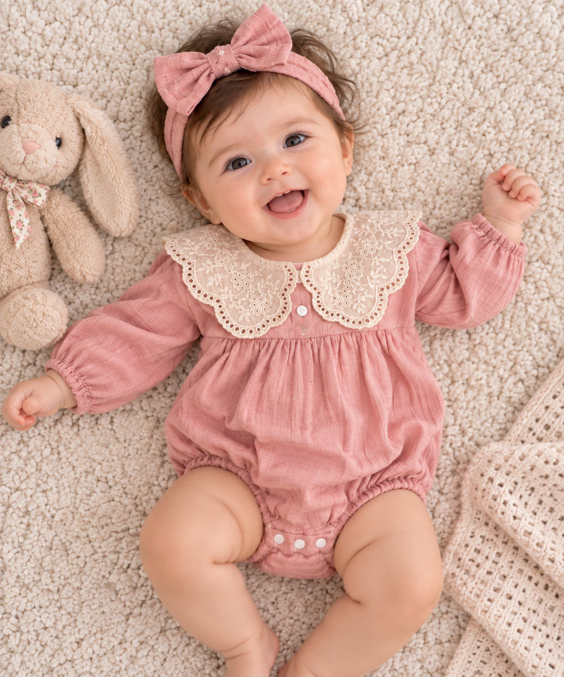 Pink Baby Romper with White Scalloped Collar