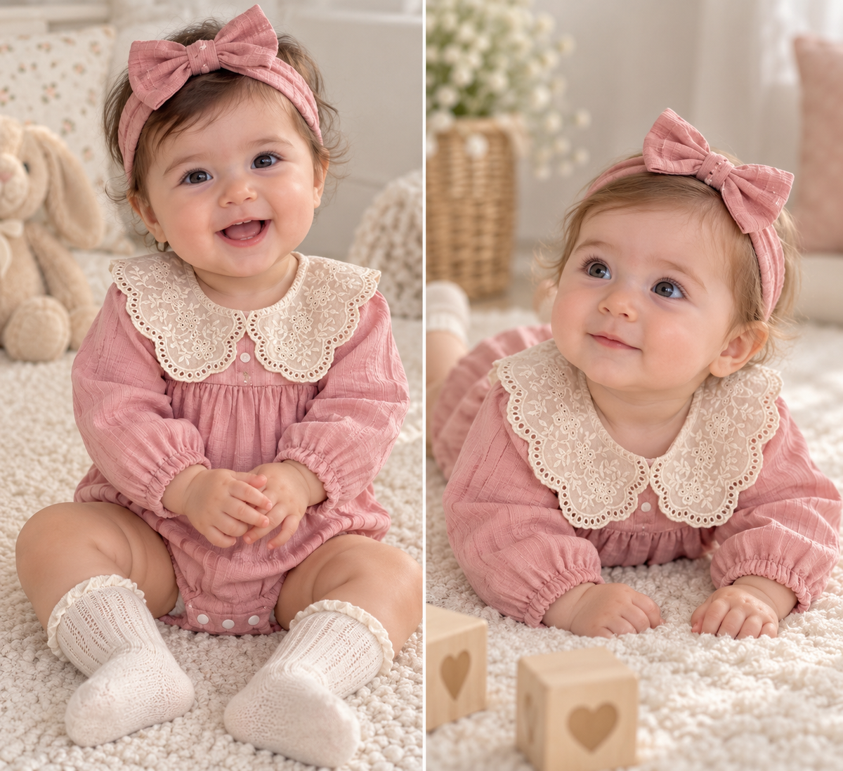 Pink Baby Romper with White Scalloped Collar